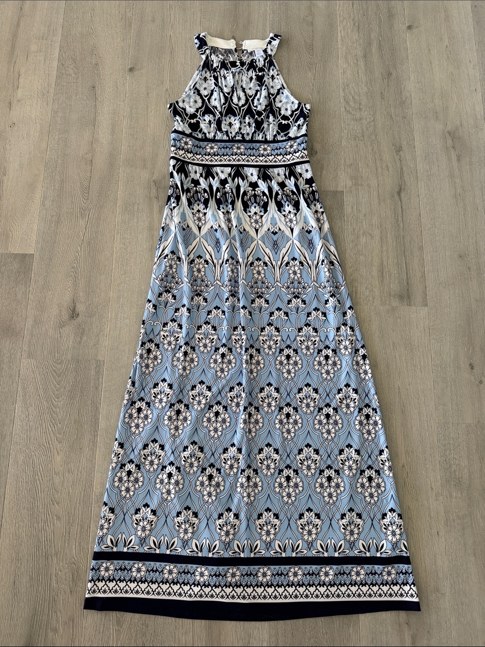 London Times Blue, White & Black Halter Maxi Dress